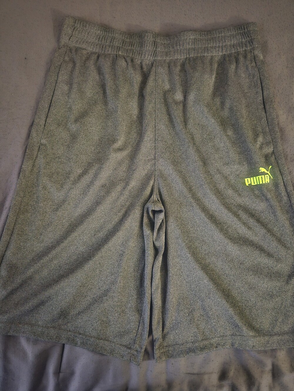 Puma Kid's Heather Gray Athletic Shorts with Neon Yellow Logo